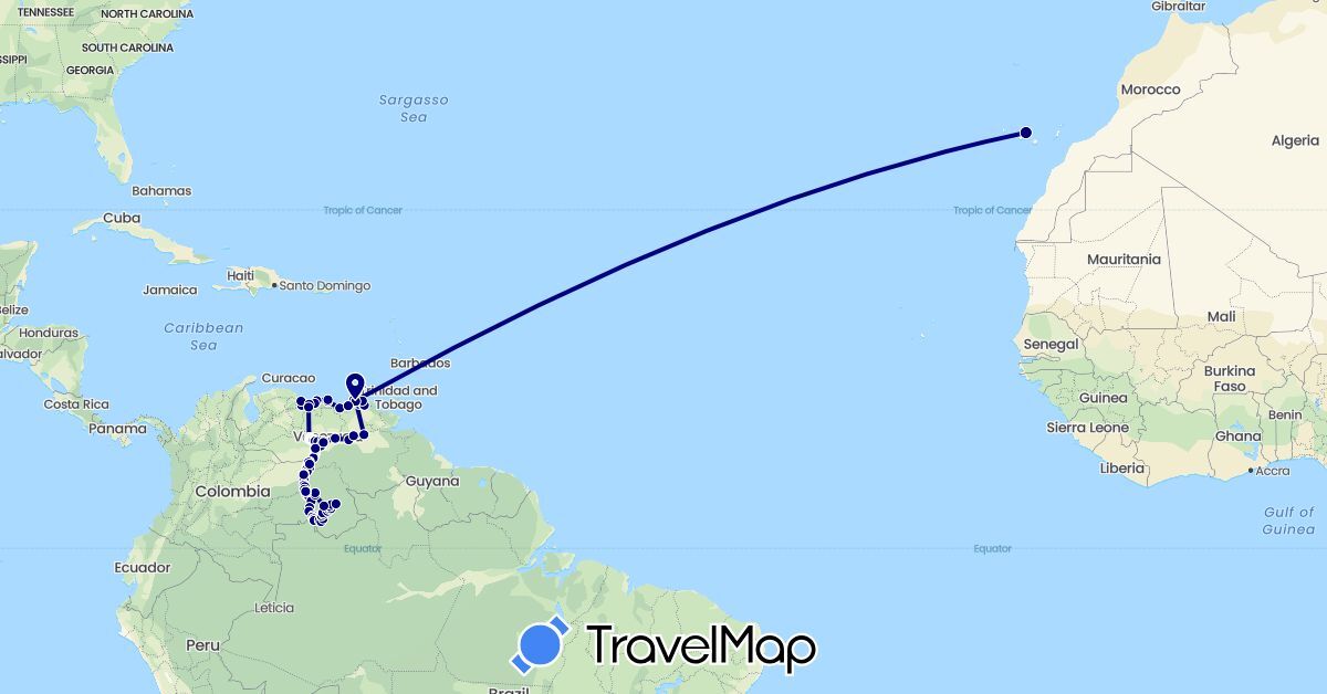 TravelMap itinerary: driving in Colombia, Spain, Venezuela (Europe, South America)